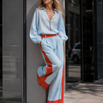 Stylish Casual Blue Color-Block Wide-Leg Cotton-Linen Pants