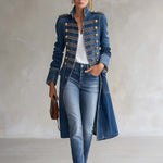 Vintage Washed Denim Military Officer Longline Gold-Button Fitted Statement Coat Women