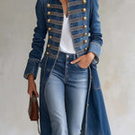 Vintage Washed Denim Military Officer Longline Gold-Button Fitted Statement Coat Women