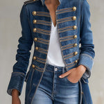 Vintage Washed Denim Military Officer Longline Gold-Button Fitted Statement Coat Women