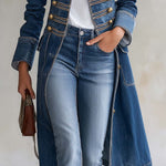 Vintage Washed Denim Military Officer Longline Gold-Button Fitted Statement Coat Women