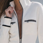 Casual Retro Black Trim White Stand Collar Cotton Mini Dress