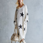 Oversized Star Print Knit Sweater Maxi Dress