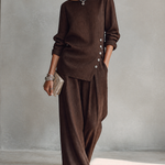 Brown Linen Blend Boat Neck Top & Wide Leg Pants 2 Piece Outfit Set