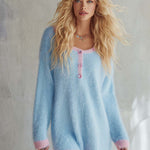 Comfortable Lazy Round Neck Front Button Light Blue Faux Rabbit Fur Knit Mini Dress