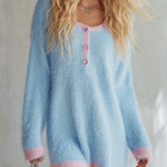 Comfortable Lazy Round Neck Front Button Light Blue Faux Rabbit Fur Knit Mini Dress