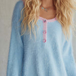 Comfortable Lazy Round Neck Front Button Light Blue Faux Rabbit Fur Knit Mini Dress