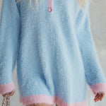 Comfortable Lazy Round Neck Front Button Light Blue Faux Rabbit Fur Knit Mini Dress