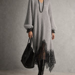 Sedona | Gray Shimmer Knit Midi Dress with Lace Hem