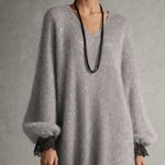 Sedona | Gray Shimmer Knit Midi Dress with Lace Hem
