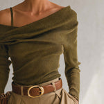 Olive Ribbed Knit Asymmetric Off-Shoulder Foldover Long-Sleeve Fitted Sweater Top Women
