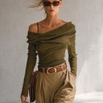 Olive Ribbed Knit Asymmetric Off-Shoulder Foldover Long-Sleeve Fitted Sweater Top Women