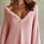 Casual And Stylish Pink Knitted V-neck Tassel Mini Dress