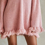 Casual And Stylish Pink Knitted V-neck Tassel Mini Dress