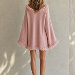Casual And Stylish Pink Knitted V-neck Tassel Mini Dress