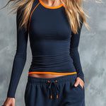Retro Sporty Color-blocked Blue Cotton T-shirt