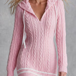 Retro Elegant Pink Hooded V-neck Cable Knit Mini Dress