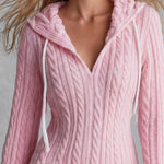 Retro Elegant Pink Hooded V-neck Cable Knit Mini Dress