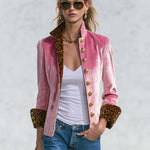 Exquisite Retro Leopard Print Color Blocking Stand-collar Single-breasted Velvet Jacket