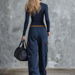 Retro Sporty Color-blocked Blue Cotton Pants