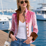 Exquisite Retro Leopard Print Color Blocking Stand-collar Single-breasted Velvet Jacket