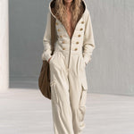 Vintage Cream Hooded Gold-Button Zip-Front Cargo Wide-Leg Military Jumpsuit Women