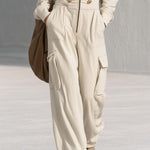 Vintage Cream Hooded Gold-Button Zip-Front Cargo Wide-Leg Military Jumpsuit Women