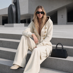 Vintage Cream Hooded Gold-Button Zip-Front Cargo Wide-Leg Military Jumpsuit Women