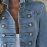 Blue Denim Military Jacket Double-Breasted Stand Collar Long Coat
