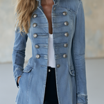 Blue Denim Military Jacket Double-Breasted Stand Collar Long Coat