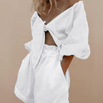Half Sleeve Knot Front Crop Cardigan Top with Shorts Sets