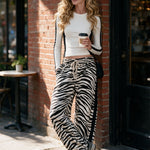 Retro Black And White Color-Blocked Knit T-Shirt And Zebra-Print Faux Suede Trim Pants Set