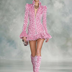 Retro Party Ruffled Stand Collar Front Zipper Leopard Print Light Pink Velvet Mini Dress