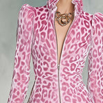 Retro Party Ruffled Stand Collar Front Zipper Leopard Print Light Pink Velvet Mini Dress