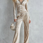 Leopard Print V-Neck Velvet Top and Flare Pants Two-Piece Set