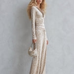 Leopard Print V-Neck Velvet Top and Flare Pants Two-Piece Set