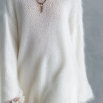 Soft And Cozy Long-haired White Knit Lace Hem Maxi Dress