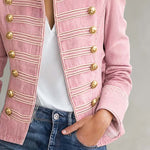 Vintage Military Pink Denim Band Jacket Women Gold Button Cropped Fall Coat