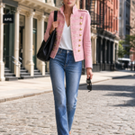 Vintage Military Pink Denim Band Jacket Women Gold Button Cropped Fall Coat