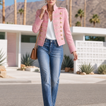 Vintage Military Pink Denim Band Jacket Women Gold Button Cropped Fall Coat