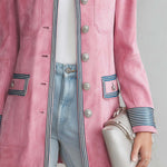 Vintage Military Pink Faux Suede Coat Women Striped Trim Silver Button Longline