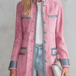 Vintage Military Pink Faux Suede Coat Women Striped Trim Silver Button Longline