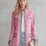 Vintage Military Pink Faux Suede Coat Women Striped Trim Silver Button Longline