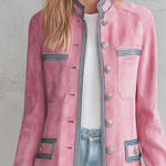 Vintage Military Pink Faux Suede Coat Women Striped Trim Silver Button Longline