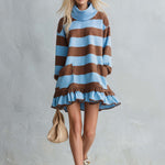 Cozy Chic Blue Brown Striped Cowl Neck Ruffle Hem Sweatshirt Mini Dress