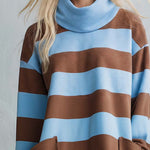 Cozy Chic Blue Brown Striped Cowl Neck Ruffle Hem Sweatshirt Mini Dress