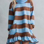 Cozy Chic Blue Brown Striped Cowl Neck Ruffle Hem Sweatshirt Mini Dress