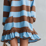 Cozy Chic Blue Brown Striped Cowl Neck Ruffle Hem Sweatshirt Mini Dress