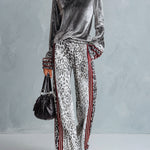 Chic Casual Striped Trim Grey T-shirt And Leopard-print Wide-leg Trousers Velvet Set