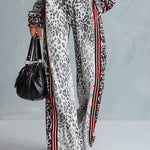 Chic Casual Striped Trim Grey T-shirt And Leopard-print Wide-leg Trousers Velvet Set